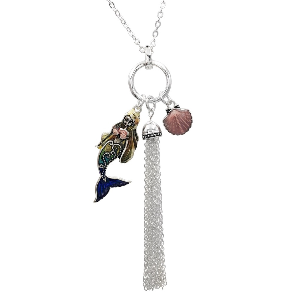 Mermaid Charm Tassel Color Silver Necklace